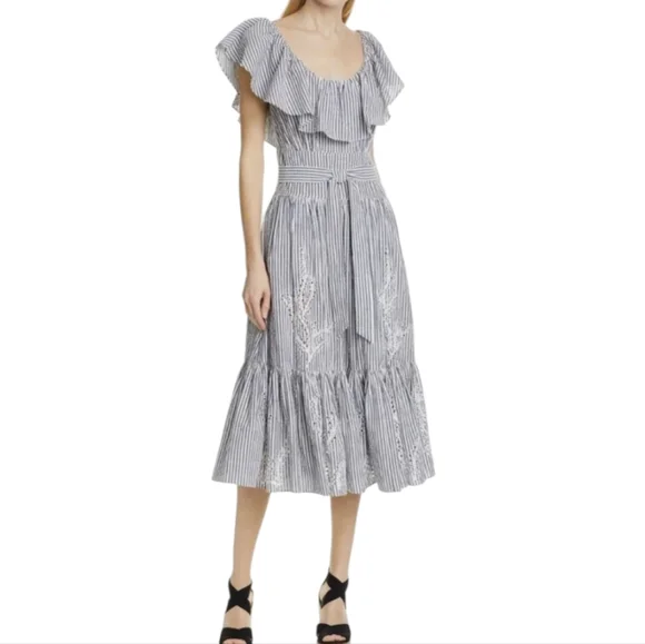 Tory Burch Eyelet Embroidered Stripe Flounce Ruffle Hem Midi Dress Gray Blue 8 - Picture 2 of 13